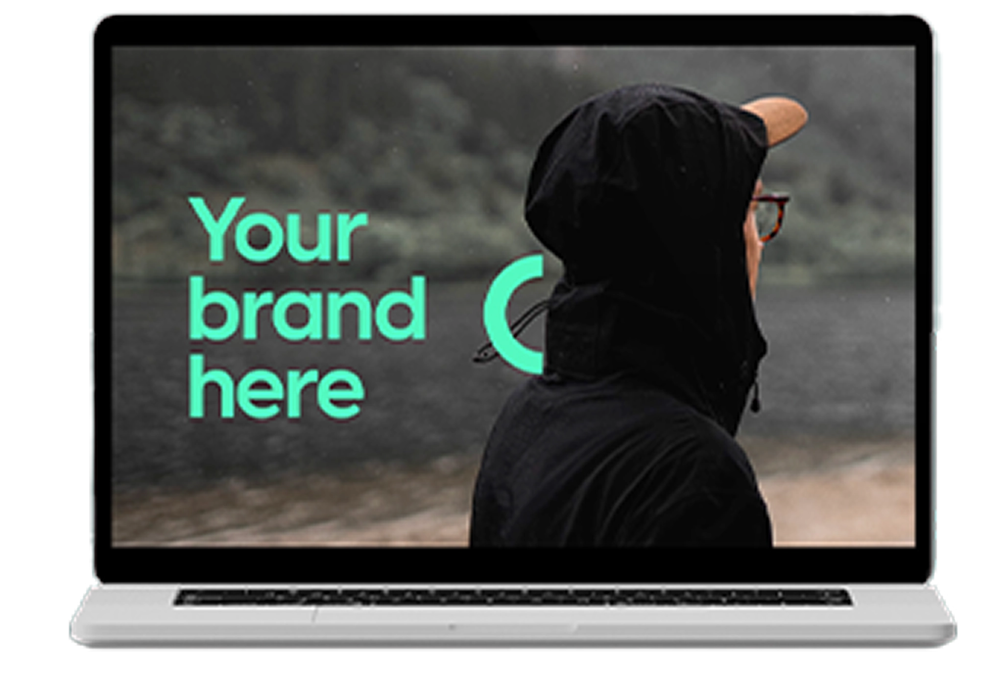 Laptop med bild på person i svart hoodie och texten ”Your brand here”